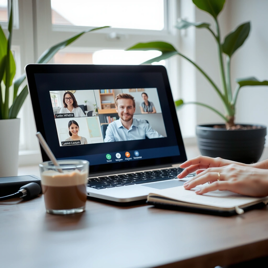 Laptop mit Video-Konferenz im Homeoffice