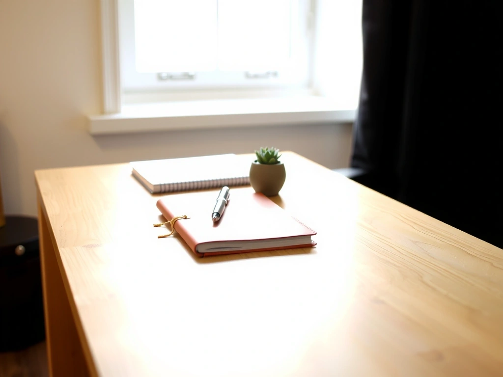 Büro-Setting mit Notizbuch und Pflanze